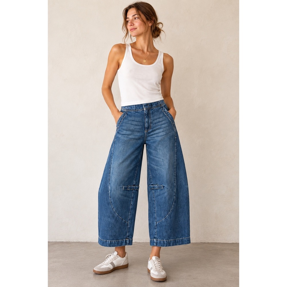 Pilcro Cinch Back Barrel Leg Wide Leg Jeans Medium Wash Blue 27